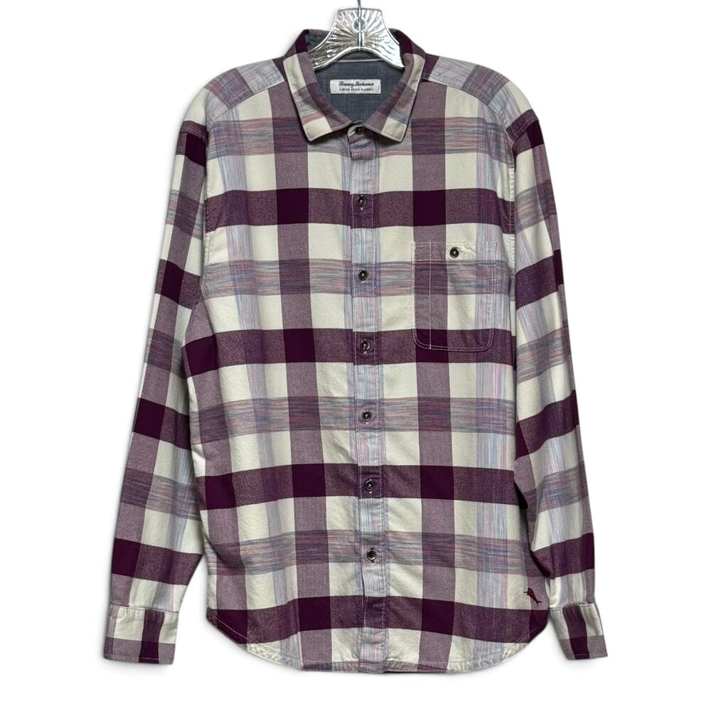 Tommy Bahama Canyon Beach Flannel Shirt Top Shacket Sugar Plum Purple Plaid Lg